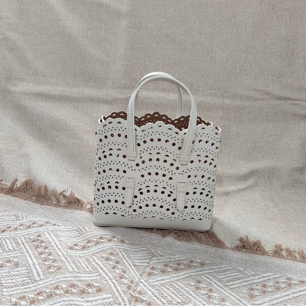 Alaia White Laser-Cut Scalloped Tote with Top Handles